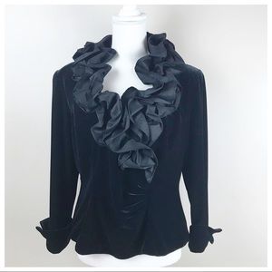 XSCAPE Black Velure Blouse with ruffles. Size 12.